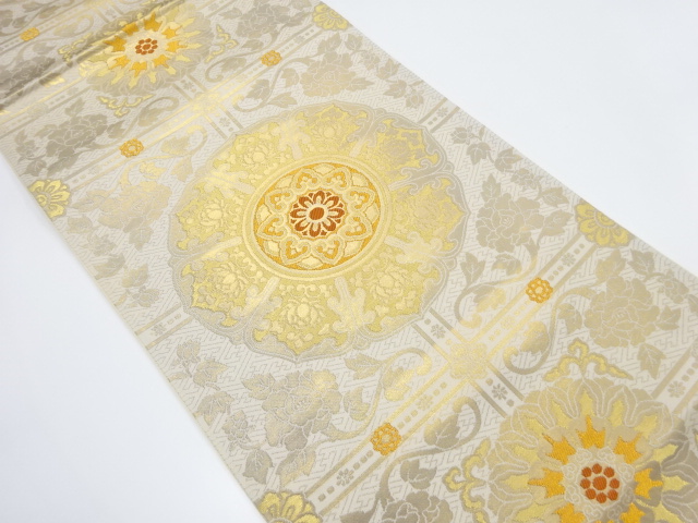 JAPANESE KIMONO / ANTIQUE FUKURO OBI / SILK / WOVEN FLORAL CREST